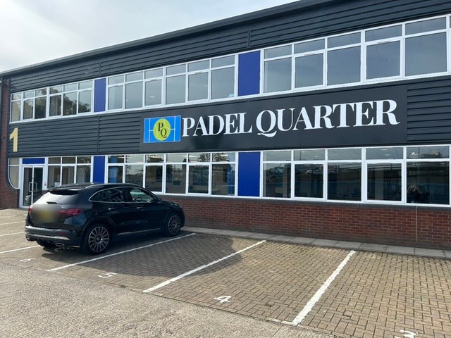 Free parking outside the Padel Quarter sign at The Admiral Park