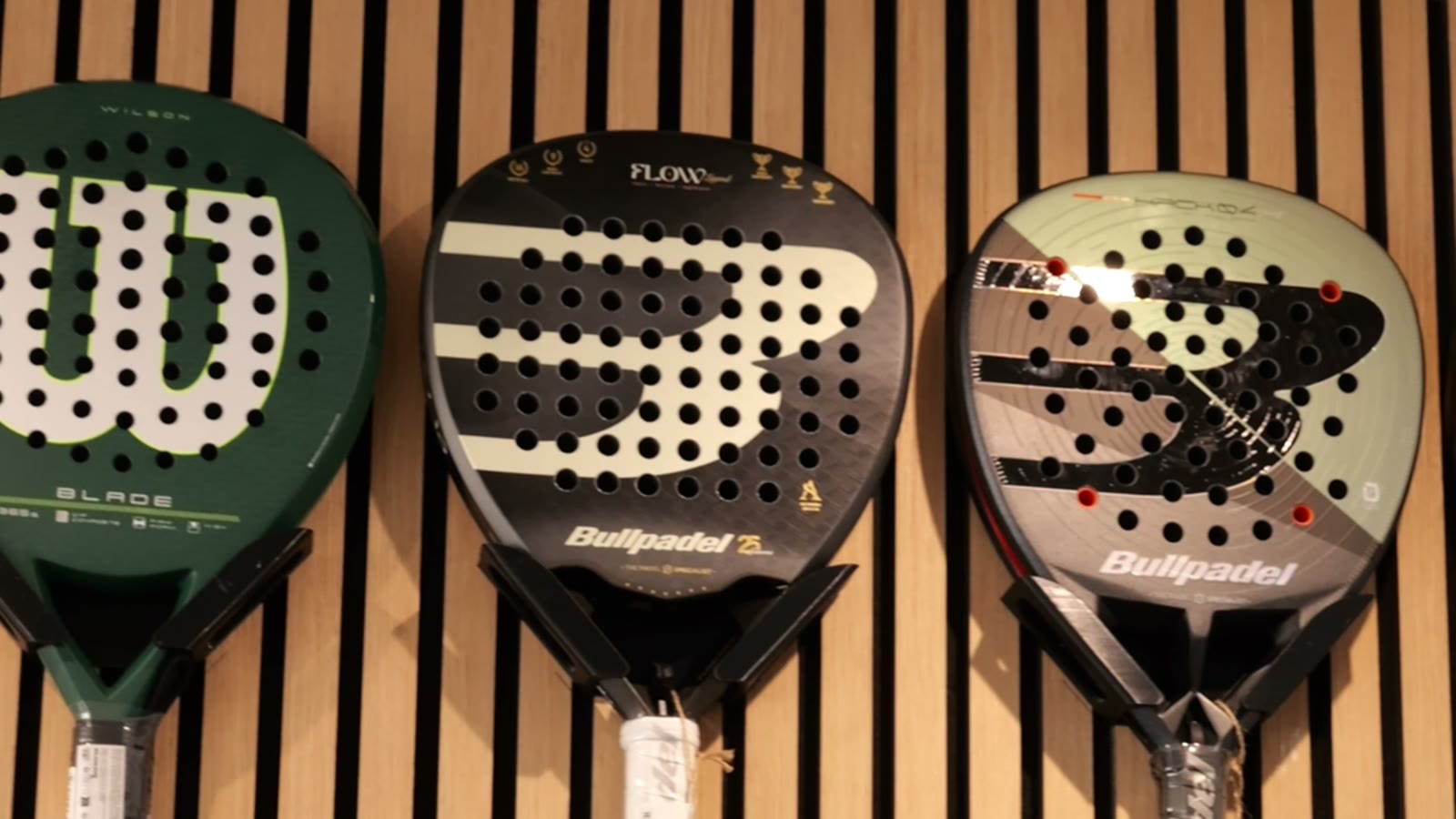 Racquets on the wall of the Padel Quarter pro shop